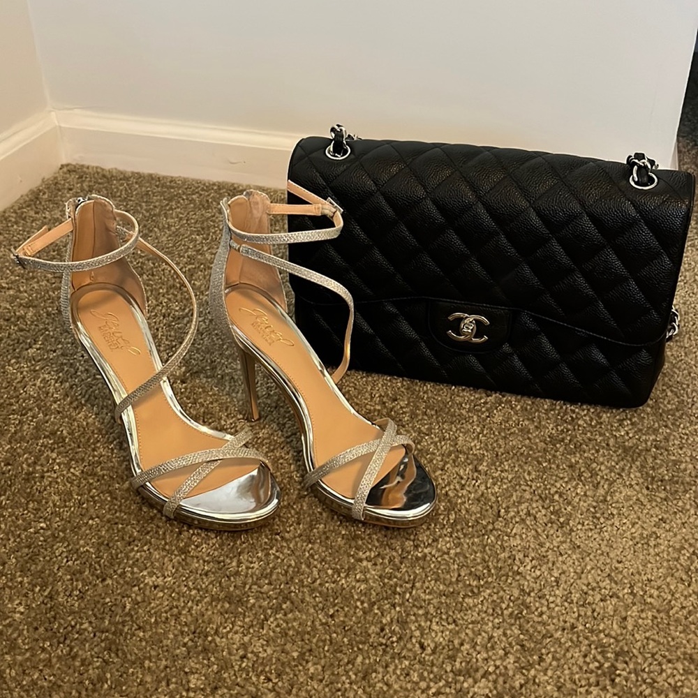 Silver shimmer strappy heel by Jewel Badgley Mischka